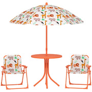 Set giardino bambini ¨C zephmum ¨C tavolo con 2 sedie pieghevoli e ombrellone, motivo animali, arancione
