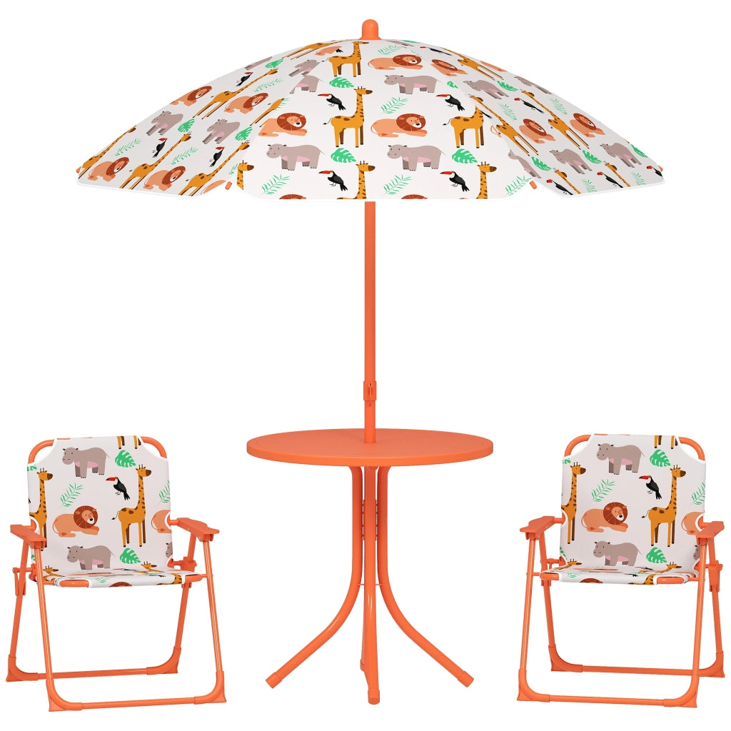 Set giardino bambini ¨C zephmum ¨C tavolo con 2 sedie pieghevoli e ombrellone, motivo animali, arancione