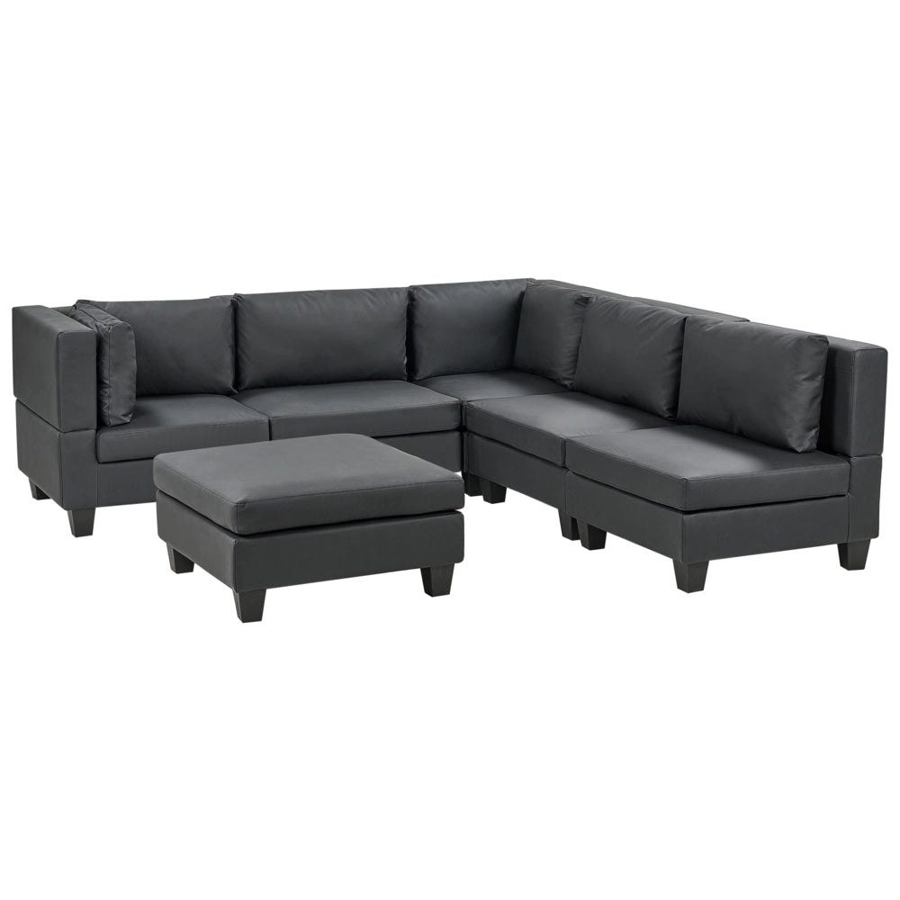 Divano componibile a 5 posti imbottito lato sinistro in tessuto nero con gambe nere e pouf stile moderno