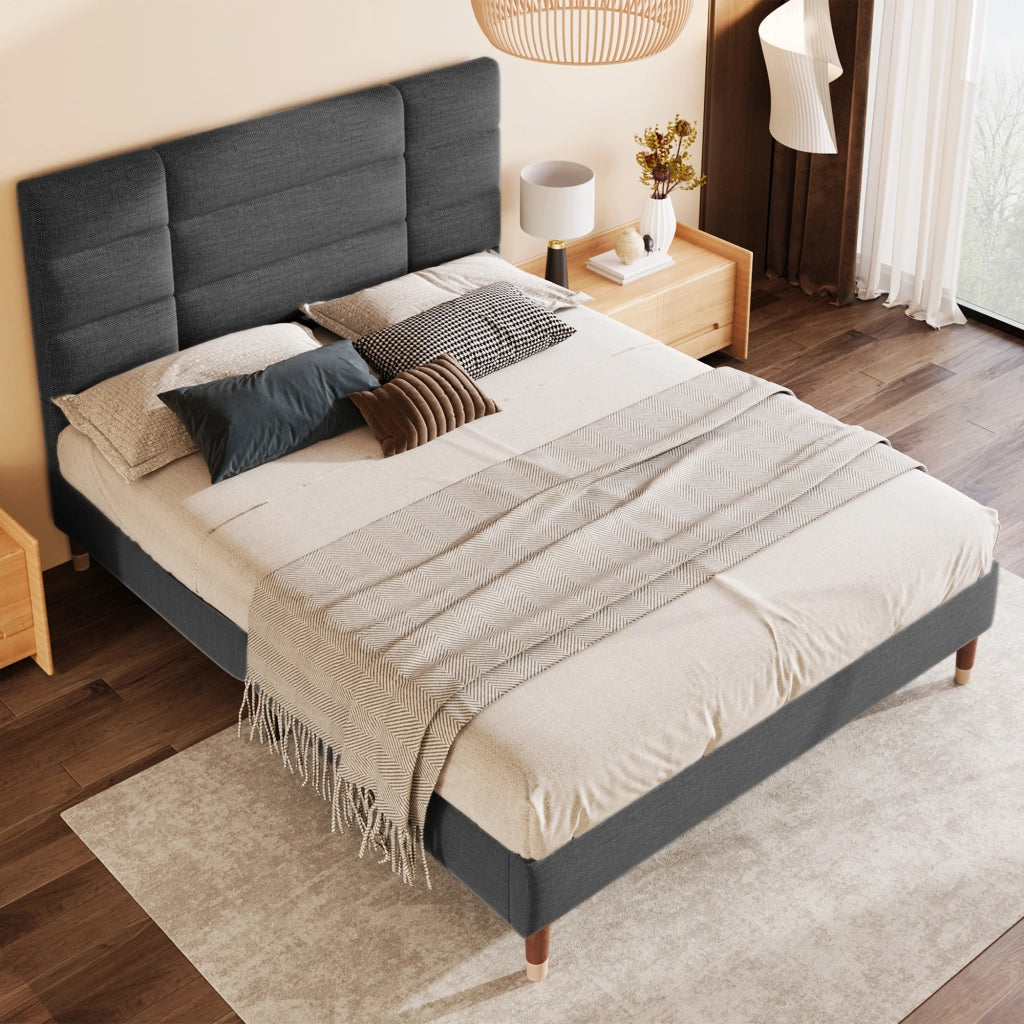 Letto matrimoniale imbottito di 140x200 cm in struttura a listelle di lino grigio scuro con testiera per adulti e adolescenti senza materasso
