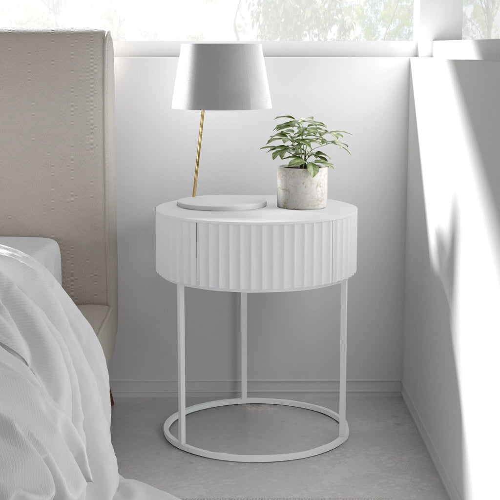 Tavolino Rotondo Rill da Salotto con Cassetto 46 x Ø40 cm - Bianco [en.casa]