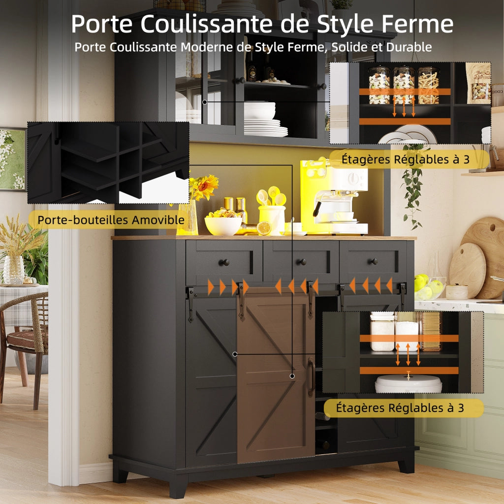 Credenza da Cucina Vetrina con 2 Ante Scorrevoli; 3 Ripiani Regolabili e LED per Cucina in MDF Nero 105x38;4x180 cm