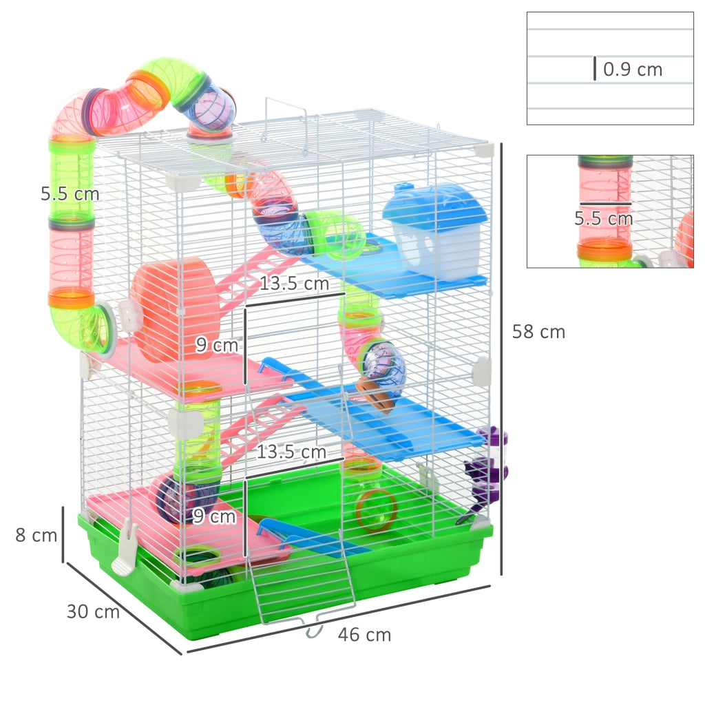 Gabbia per Criceti a 5 Livelli con Tubi, Ruota, Casetta, Scale e Bottiglia, Gabbietta per Roditori in Metallo e Plastica, 46x30x58 cm, Verde