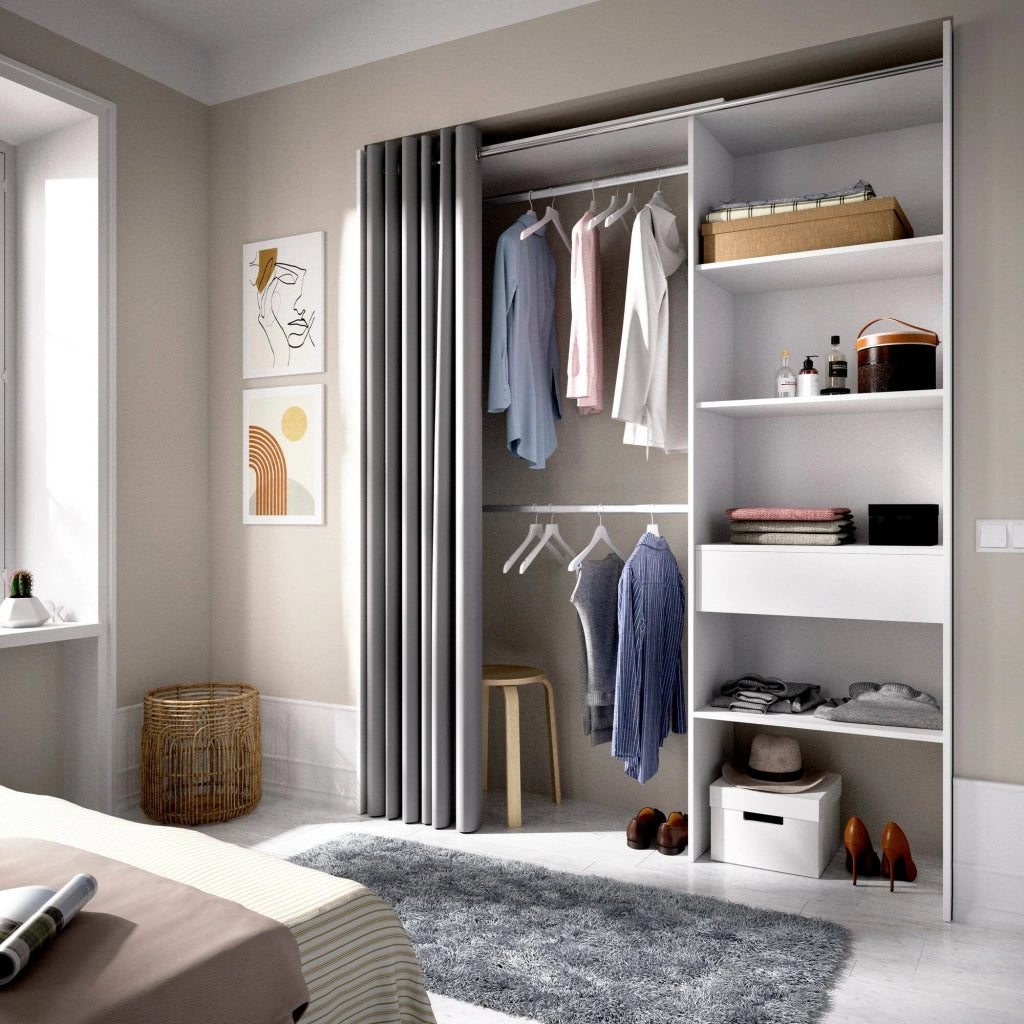 Guardaroba Arim, Struttura per cabina armadio, Mobile appendiabiti aperto, 160x50h205 cm, Bianco e Grigio
