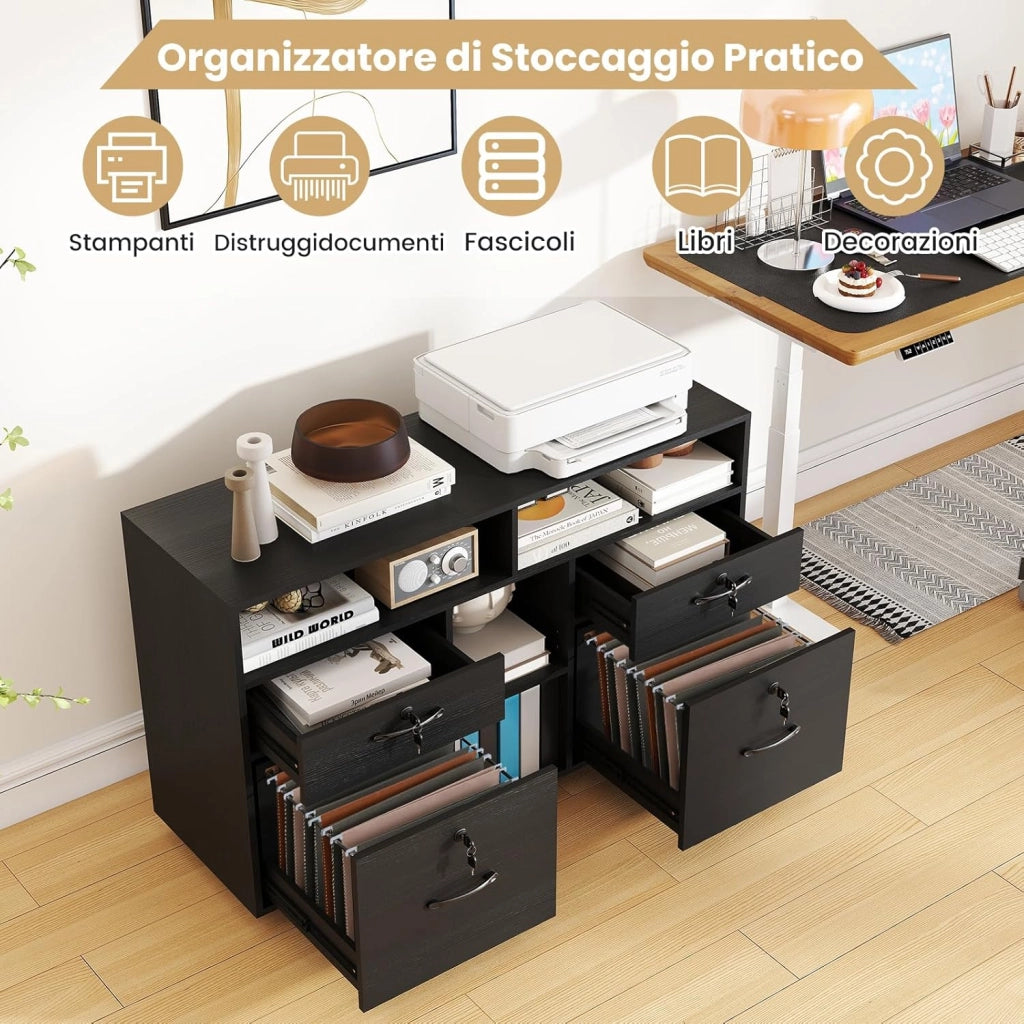 Armadietto Portadocumenti, Mobile da Ufficio Laterale con 4 Cassetti Adatto per File Formato A4/Lettera e 5 Ruote Universali Bloccabili, Credenza in Metallo per Scrivania (Nero)