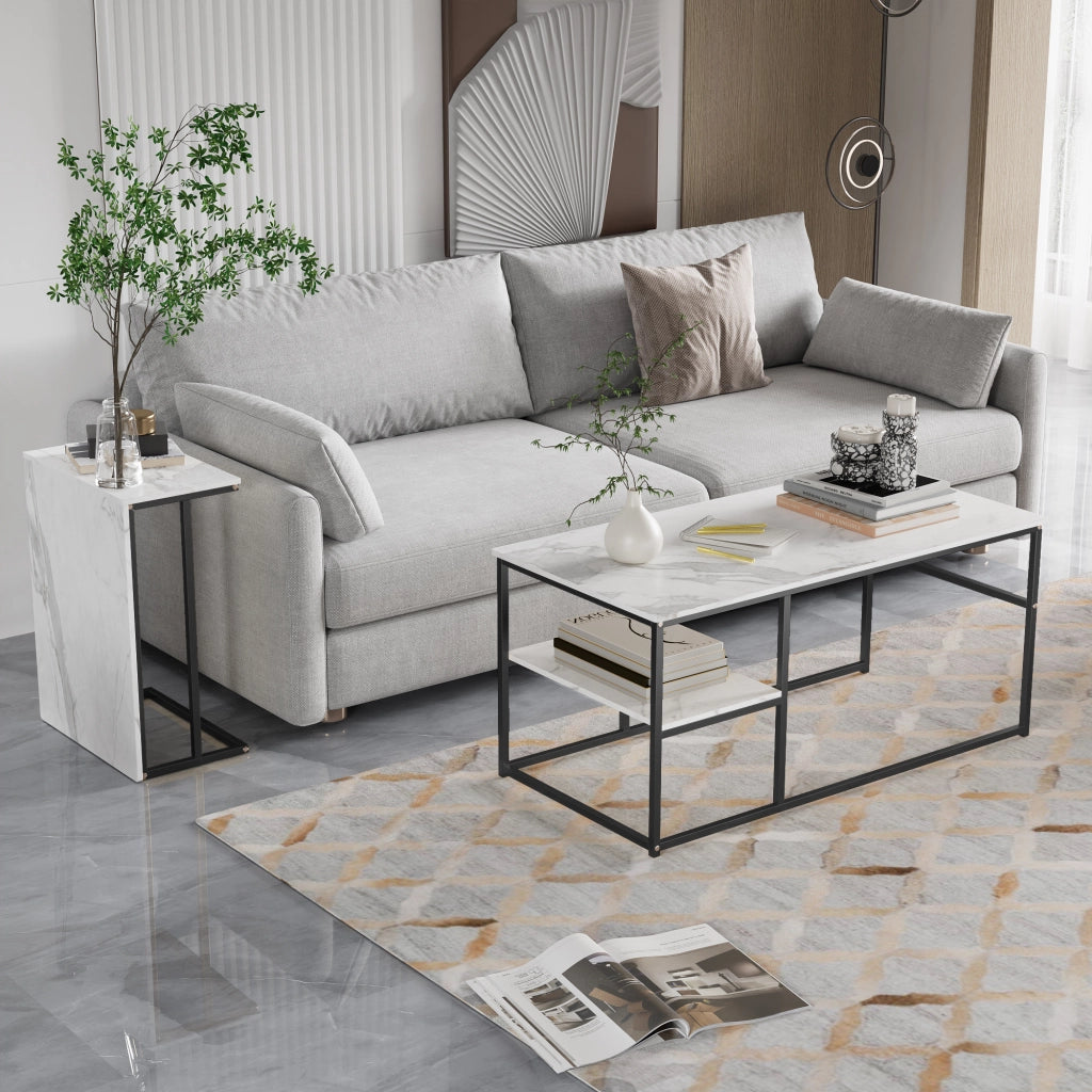 Tavolini da salotto set 2 pezzi 105x52x48,5 cm tavolino pieghevole sovrapponibile con contenitore effetto marmo metallo - nero