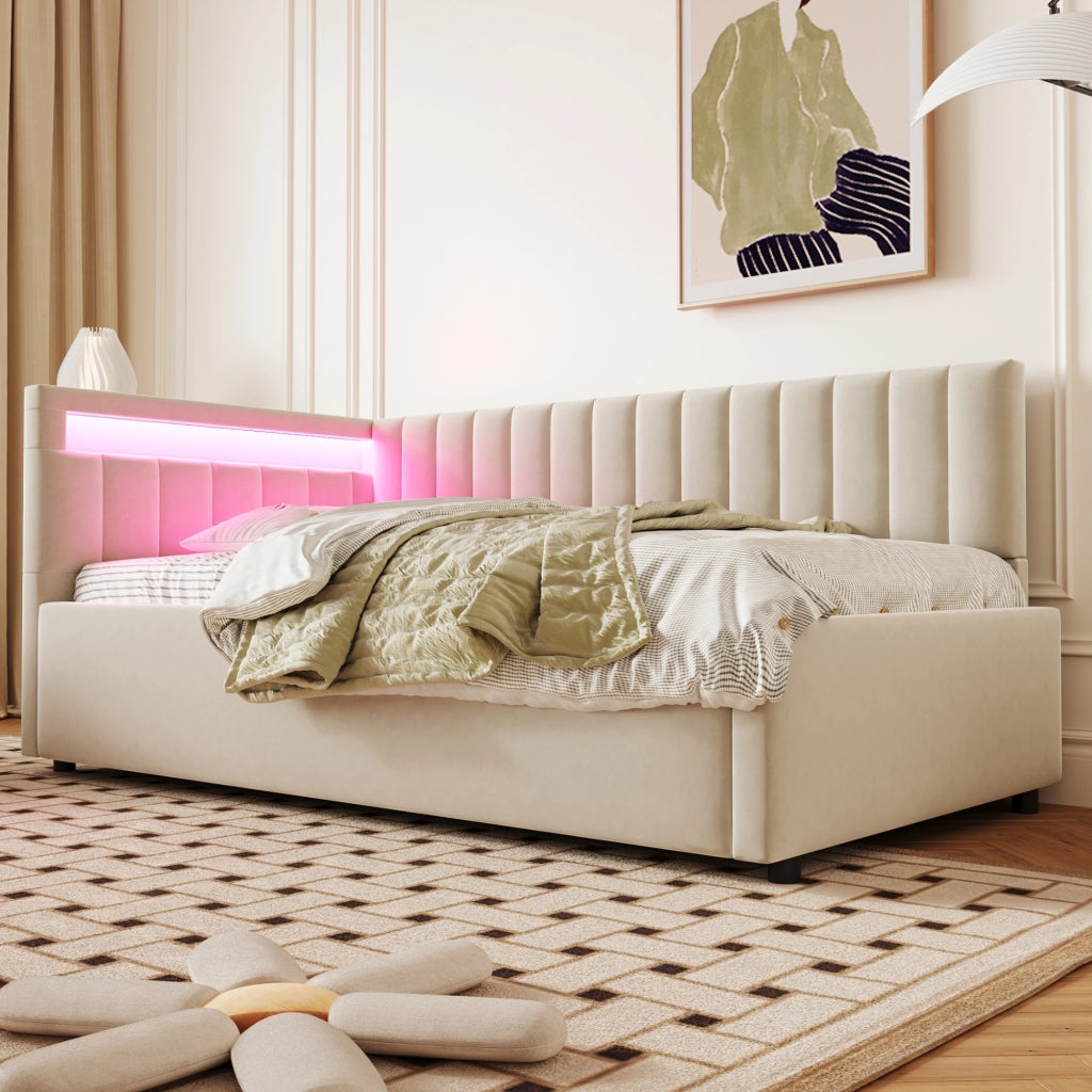 LETTO Contenitore 90x200 cm in velluto beige con LED