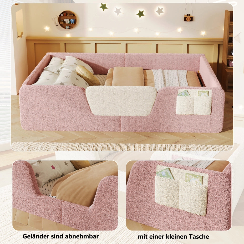 DESMIU Letto bambino 140 × 190 cm con sponde amovibili e tasca, senza materasso, in velluto, rosa