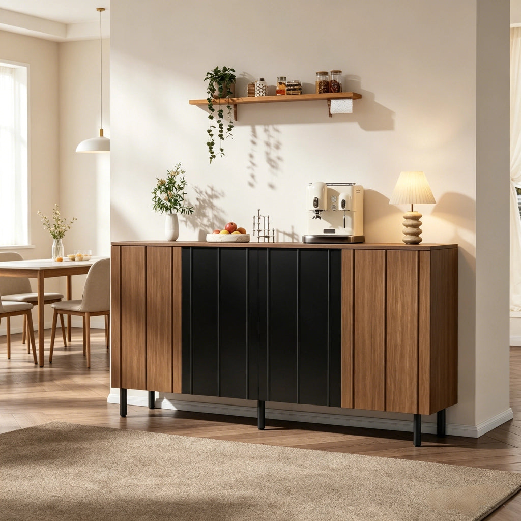 BUFFET 160x35x80 cm in Truciolato Noce e Nero con 4 Ante