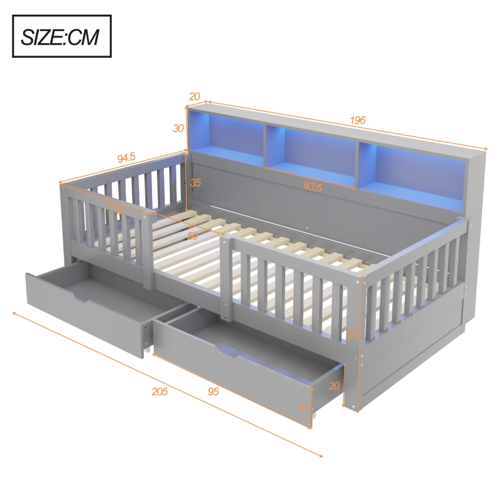 Letto per bambini 90x200 cm con sponda di sicurezza; 2 cassetti; mensole e LED; grigio