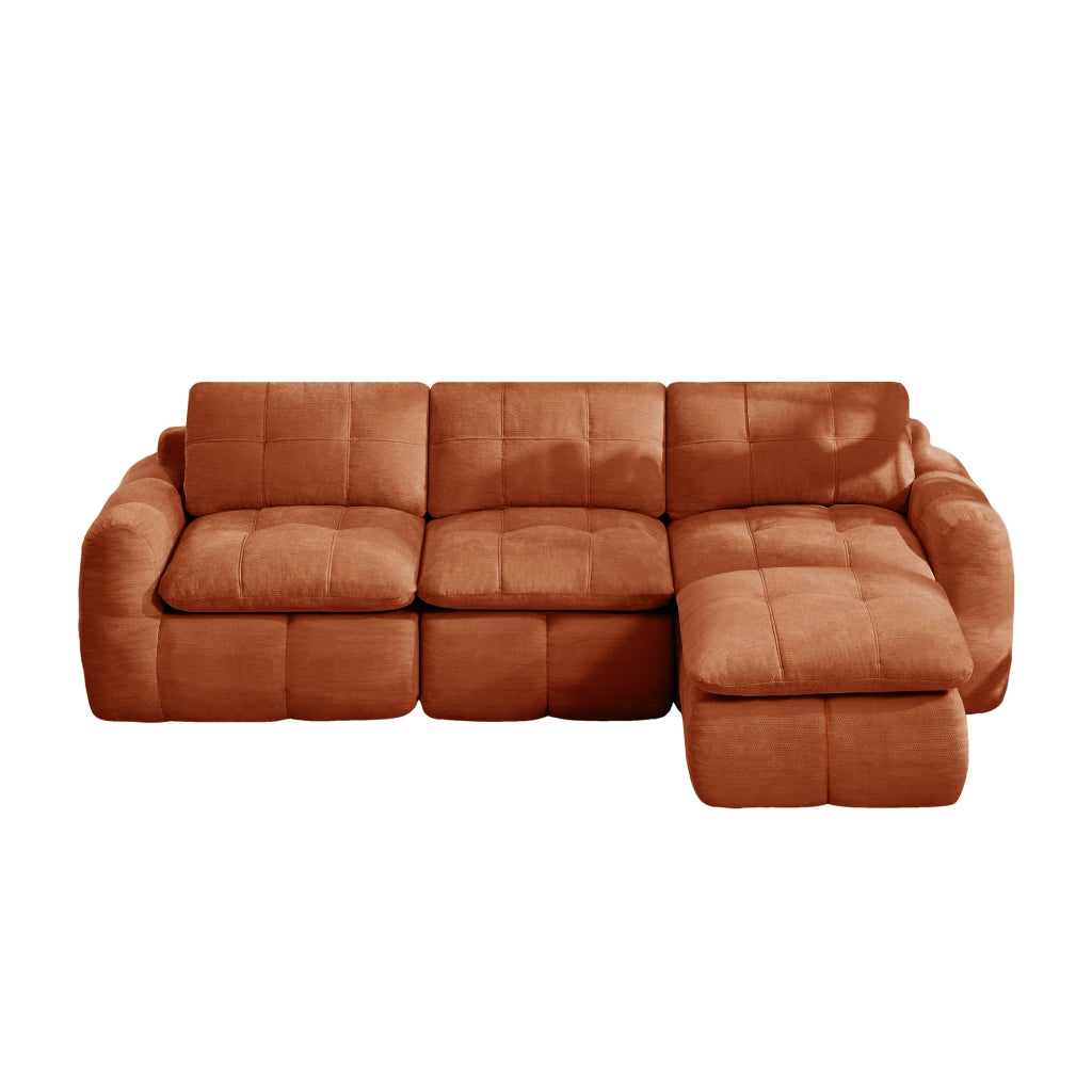 Divano modulare a L 3 posti - con pouf - in chenille - arancione