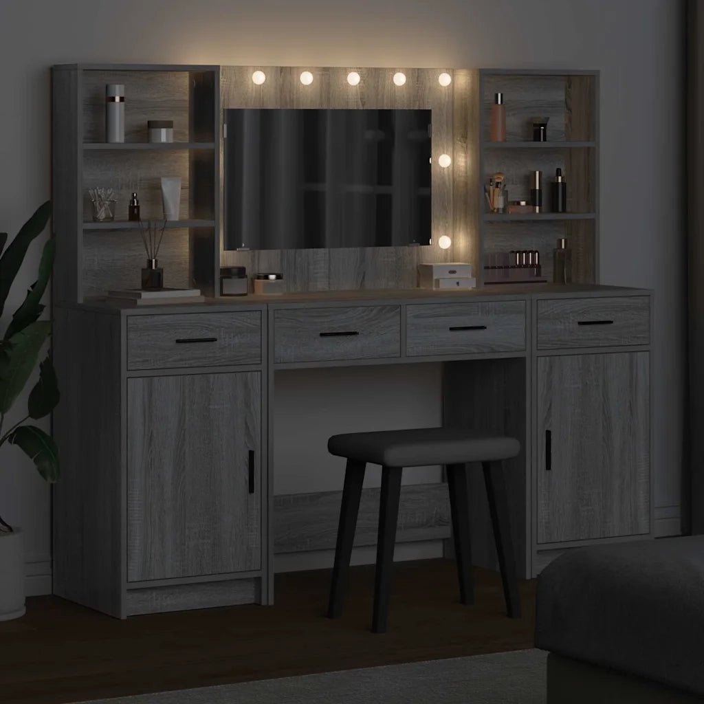 Set da Toeletta | Tavolo da Trucco con LED con porta 3 pz Grigio Sonoma