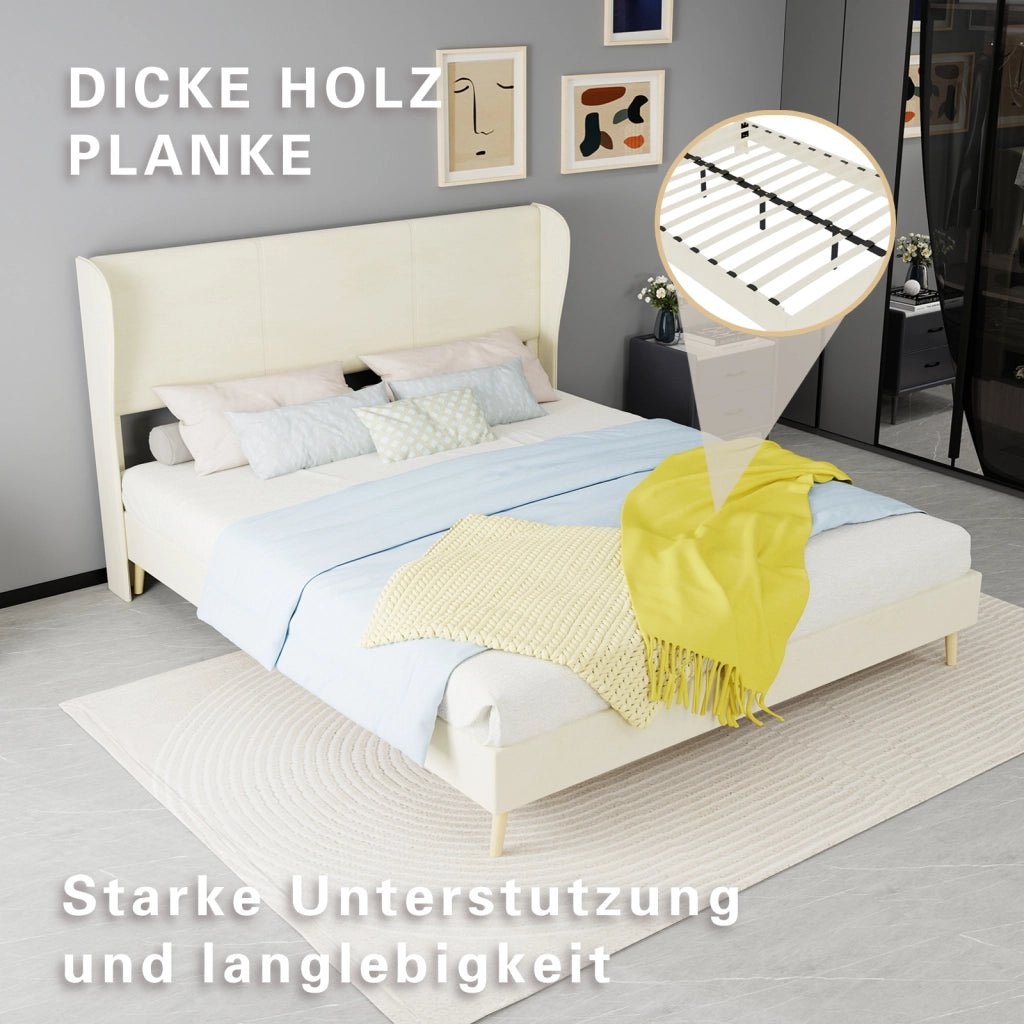 DESMIU Letto matrimoniale 160 × 200 cm 2 posti con testiera, senza materasso, in tessuto e metallo, beige
