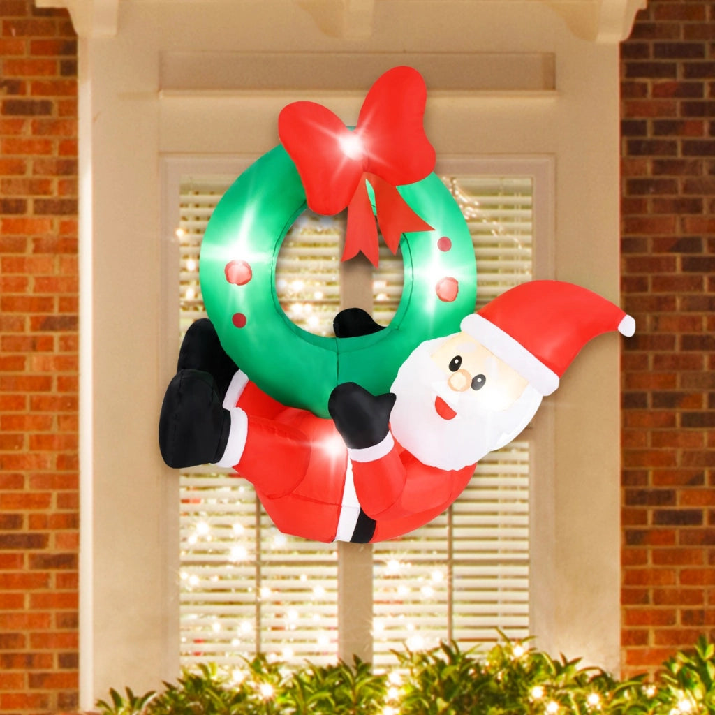 Corona di Natale gonfiabile di babbo Natale da 120cm, Babbo Natale illuminato e corona con fiocco rosso e 5 luci LED-Gonfiabili natalizi