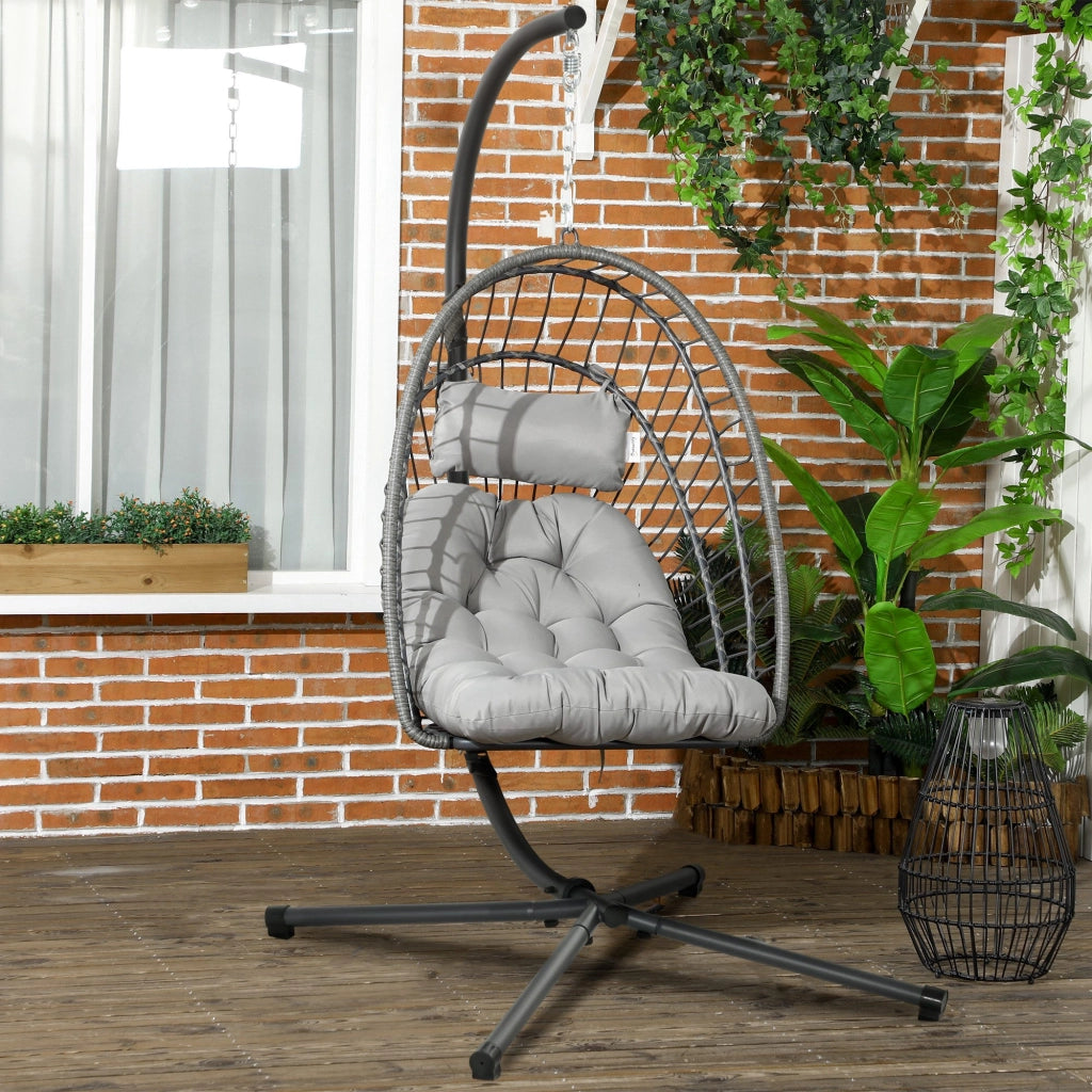 Poltrona Sospesa in Rattan PE con Cuscino, Seduta Pieghevole e Struttura in Acciaio, Grigio