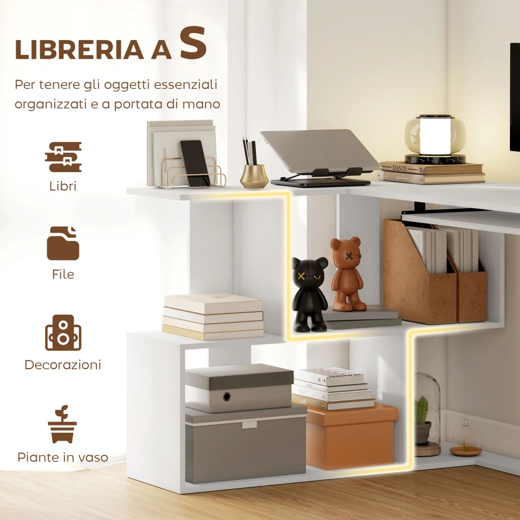 Scrivania Angolare Moderna ¨C Xylo ¨C Bianco con Ripiano Tastiera e Scaffale 4 Ripiani