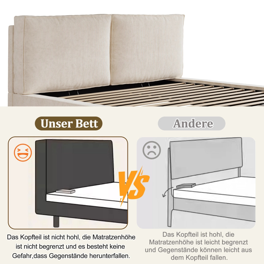 DESMIU Letto contenitore 180 × 200 cm 2 posti con vano idraulico e testiera, senza materasso, in velluto a coste beige