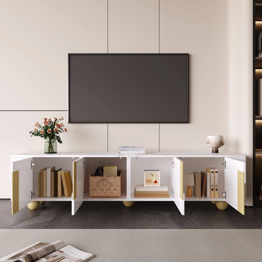 Cassettiera per TV bianca e legno; MDF e truciolare; lunghezza 180 cm