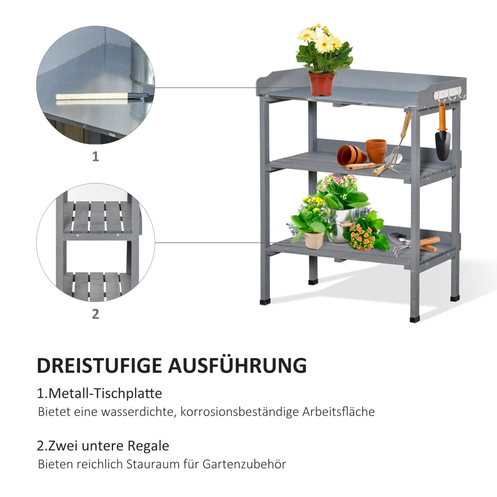 Tavolo da giardinaggio ¨C Xylo ¨C legno grigio con piano metallo 76x37x89 cm