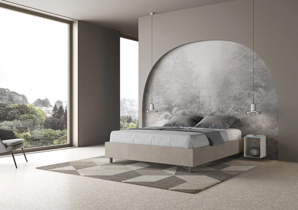 BS COM Letto matrimoniale con rete imbottito 160x200 microfibra sabbia
