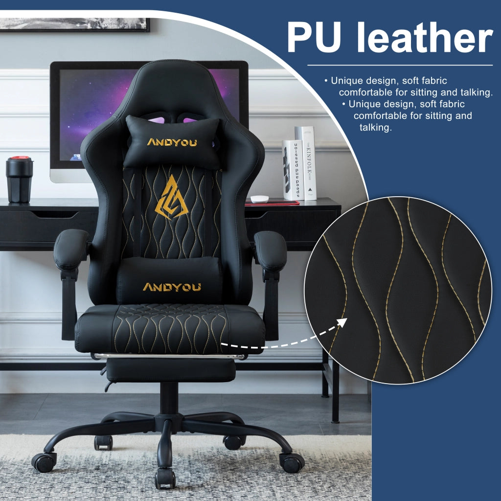 Sedia da gaming con poggiapiedi ¨C Minimal ¨C Pelle PU nera