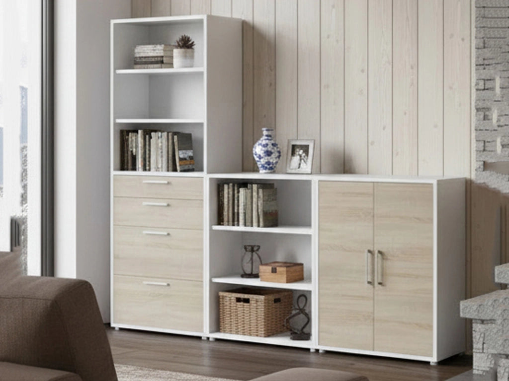 Credenza Acceglio, Buffet da soggiorno, Madia da salotto, Dispensa da cucina, 267x40 h222 cm, Bianco e Quercia