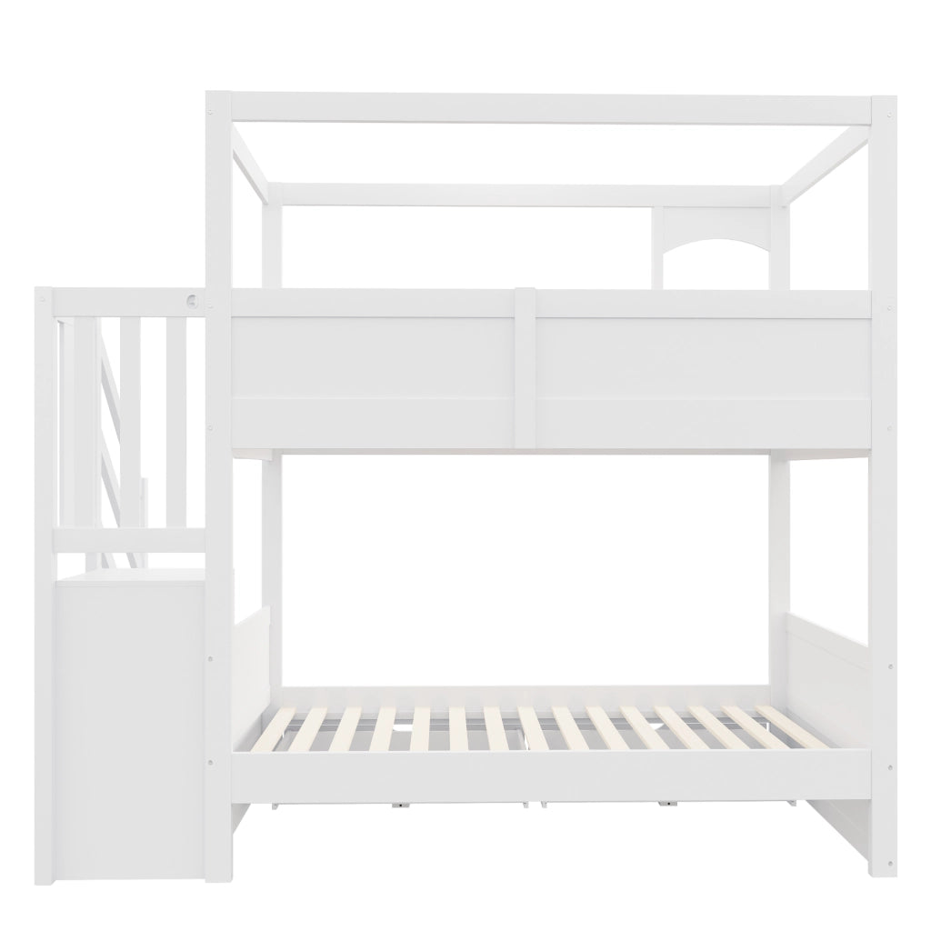 Letto a castello per bambini 90 × 200 cm con lavagna, scala contenitore e 2 cassetti, senza materasso, bianco