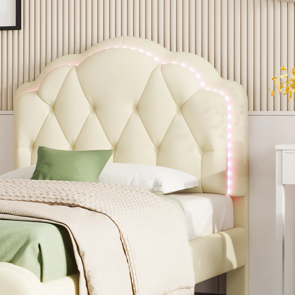 LETTO Polsterato 90x200 cm PU Beige con testiera ondulata e LED