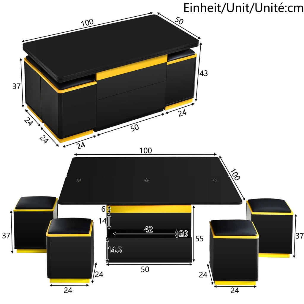 Tavolino da Salotto Sollevabile con 4 Pouf e Contenitore per Soggiorno 100 × 50 × 43 cm