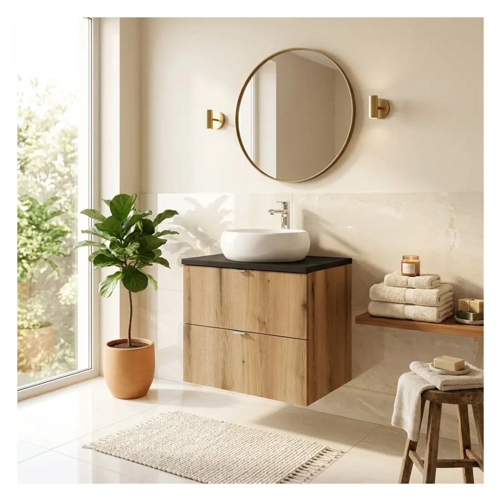 Set da bagno sospeso VANO finitura quercia e nero 60cm: mobile sottolavabo con cassetti + piano per lavabo