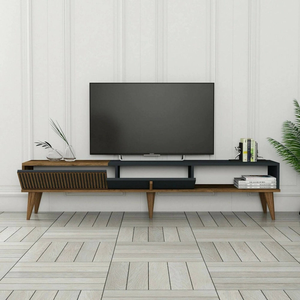 Mobile porta TV Jakuchu, Credenza da soggiorno, Armadio basso per TV, Base parete attrezzata, 180x35h40 cm, Noce e Antracite
