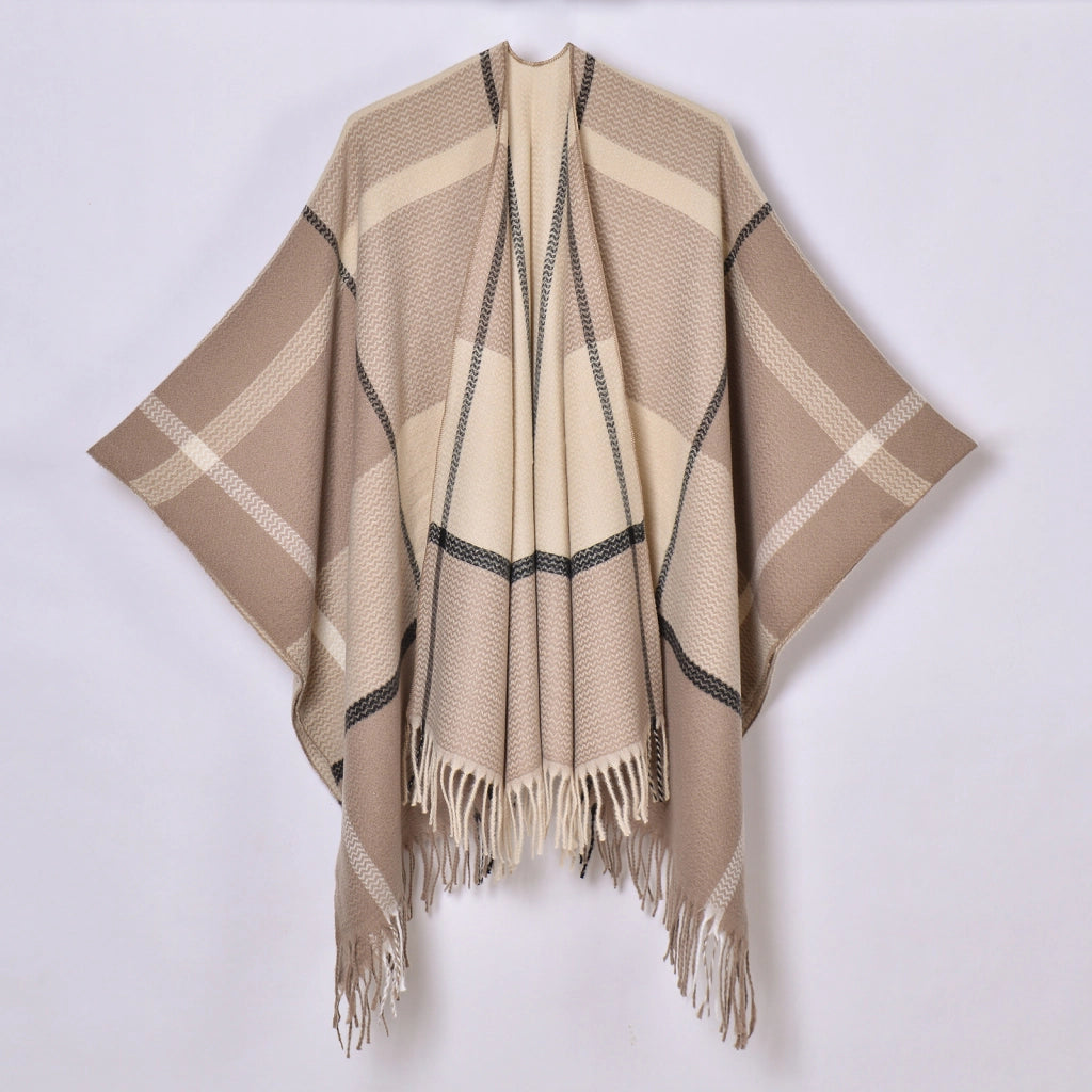 Nuovo scialle a quadri, cardigan/mantella da donna classico in jacquard con spacco e nappine, lavorato a maglia.
