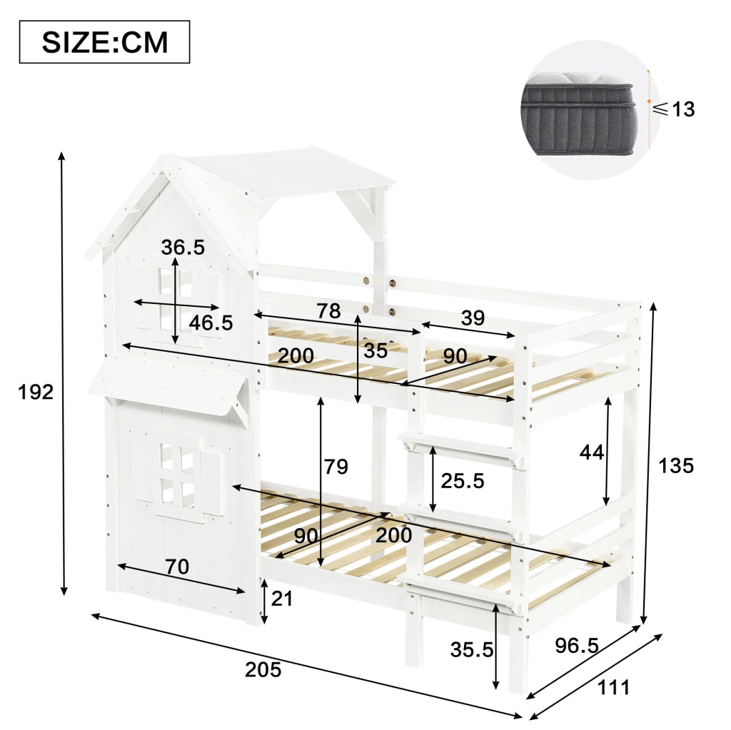 Letto a castello per bambini 90x200 cm con finestre, tetto e scala