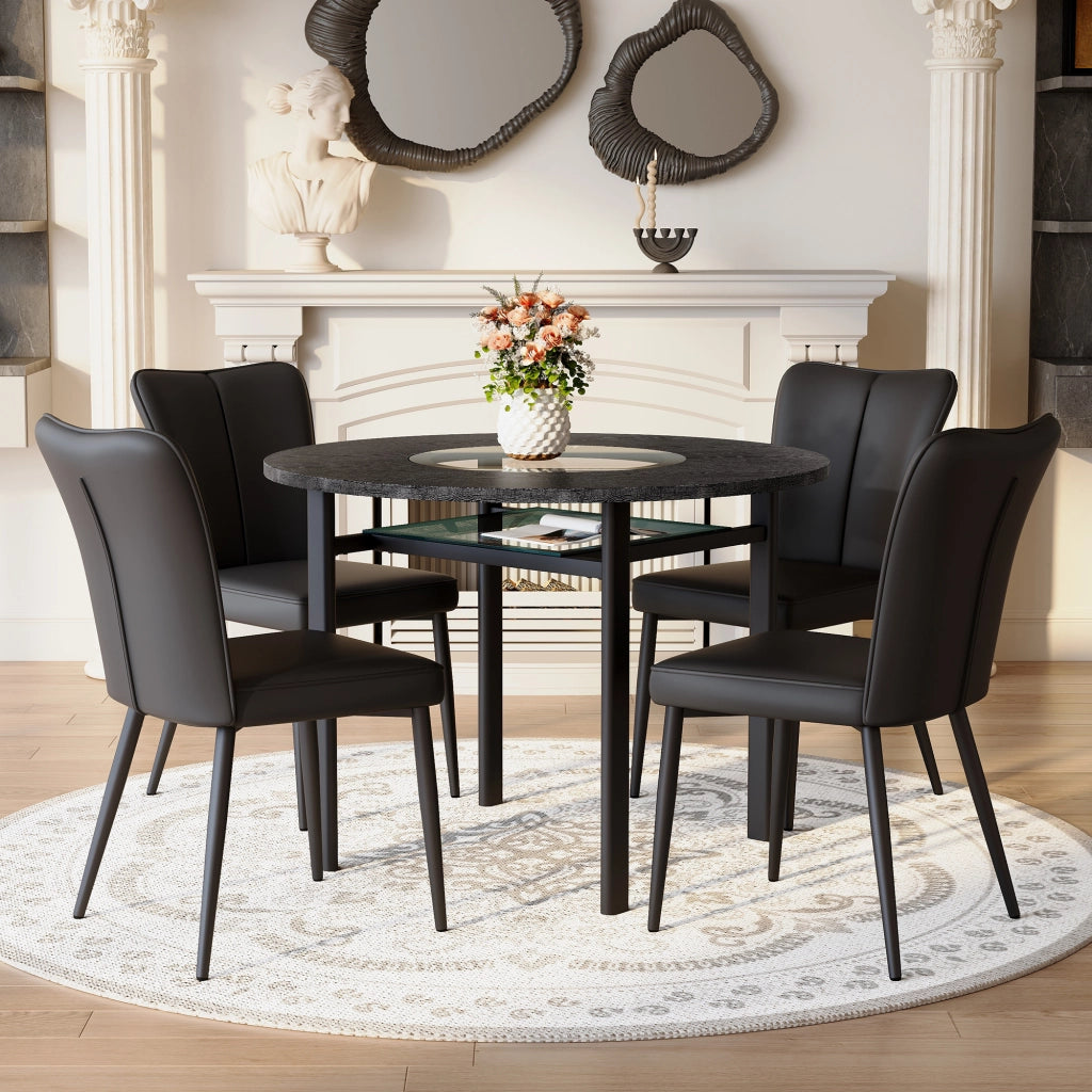 Set tavolo da pranzo e sedie con 1 tavolo rotondo e 4 sedie; ripiano in vetro; in MDF; vetro; metallo e PU nero