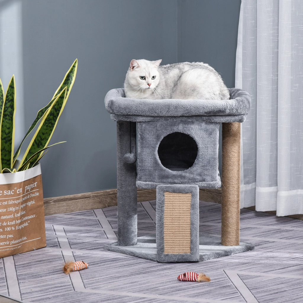 Albero Tiragraffi con Lettino e Casetta in Peluche 40x40x57 cm Tiragraffi in Juta Grigio