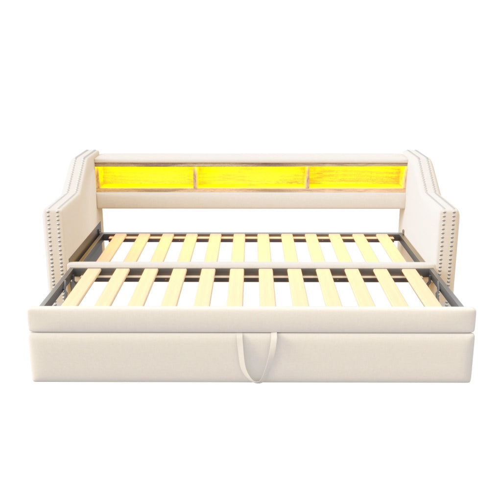 Divano letto estraibile imbottito 90/180x190 cm con USB, LED e vani laterali