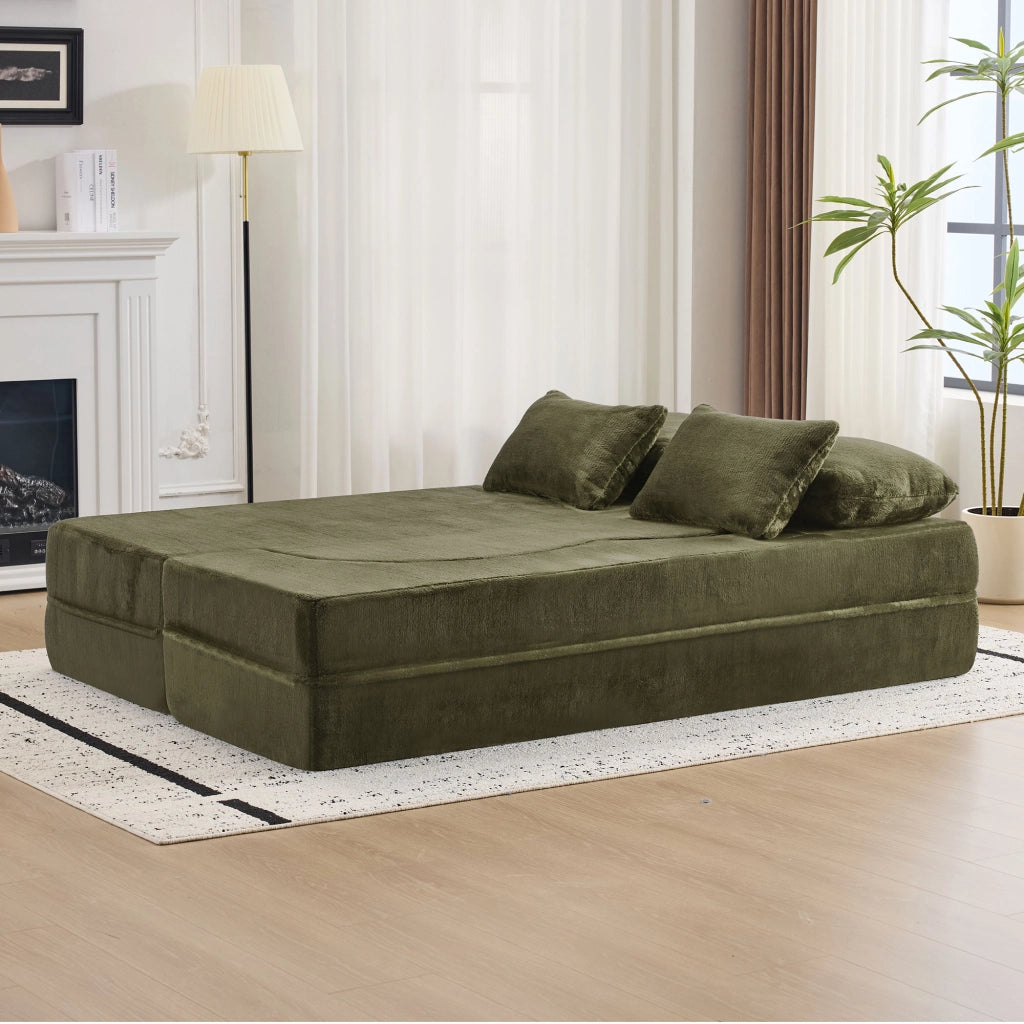 Divano letto modulare verde 2 in 1, 4 cuscini, tessuto peluche, schiuma e molle