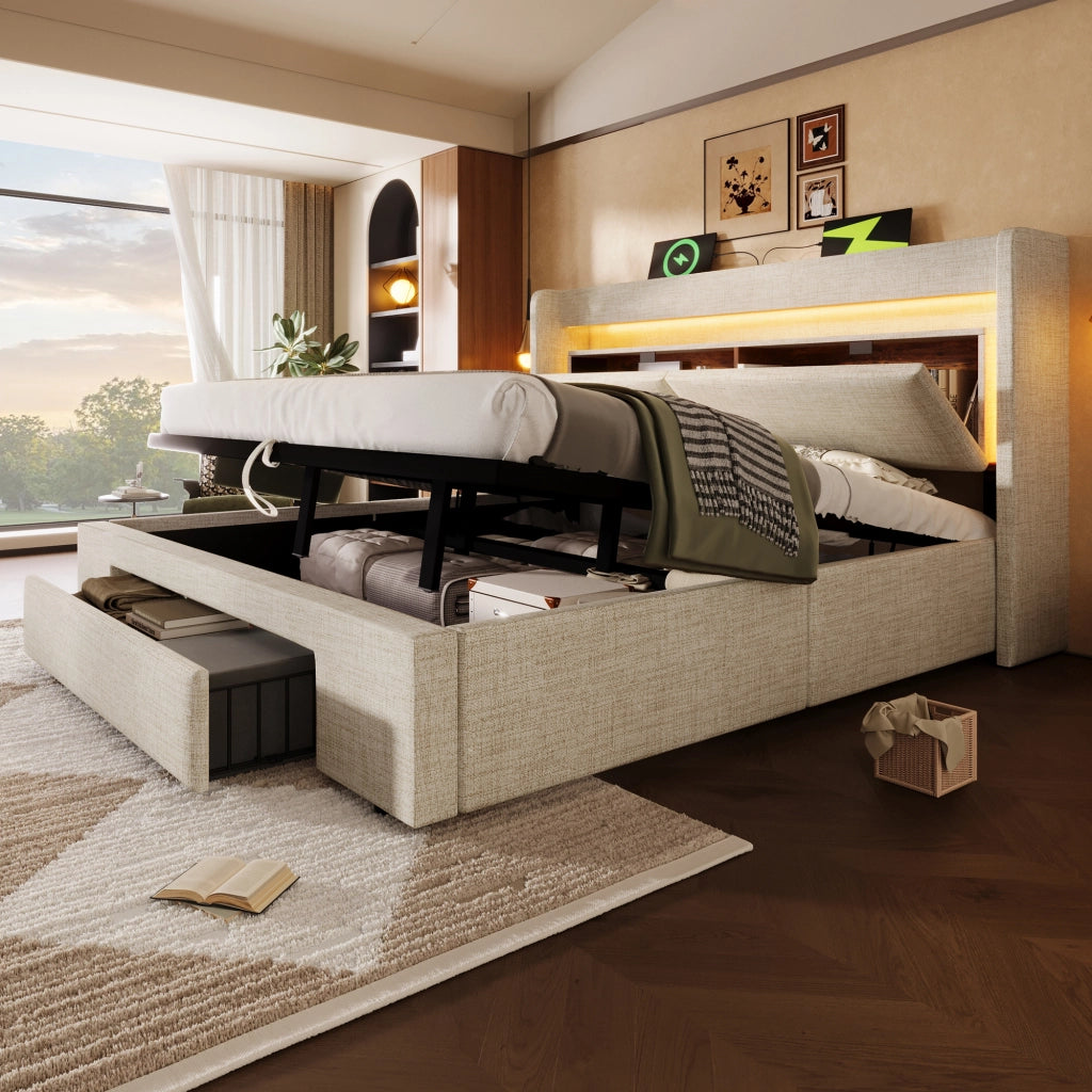 letto imbottito lino beige 140x200 cm