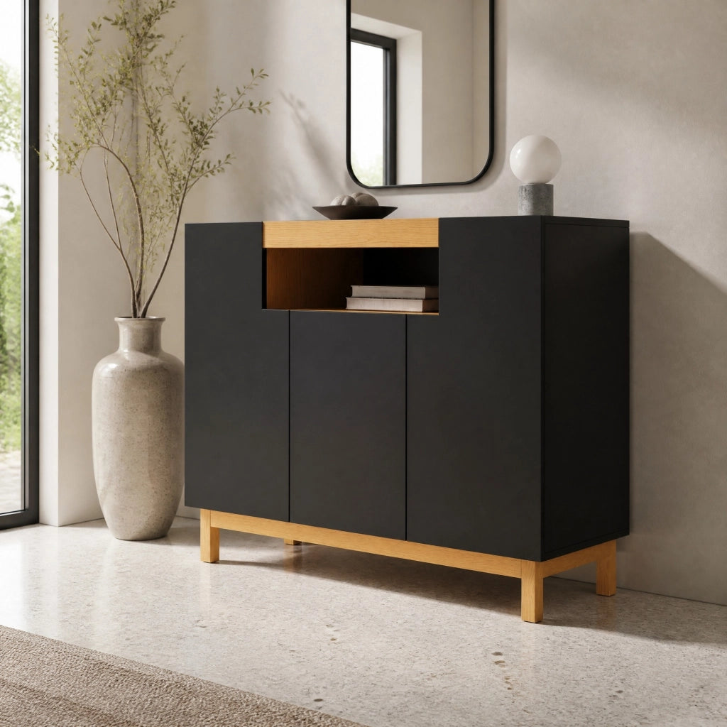Credenza a 3 ante con nicchia aperta e vani chiusi per soggiorno e sala da pranzo; nera; 120.5 × 42 × 96 cm