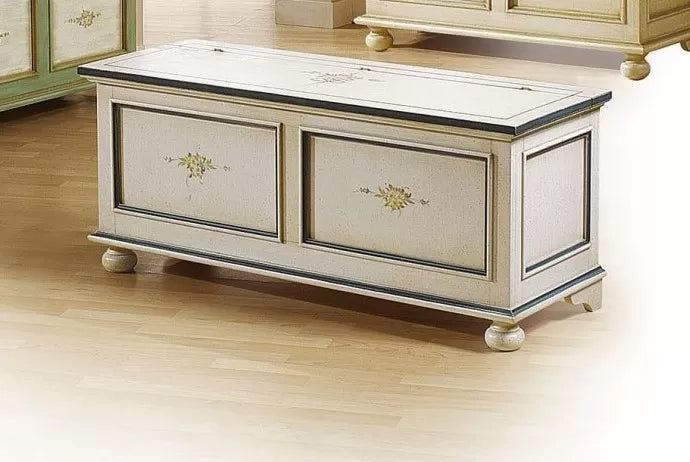 Cassapanca in legno bianco con profilo azzurro l.120 x p.44 h.51 (1350) - Mobili 2G