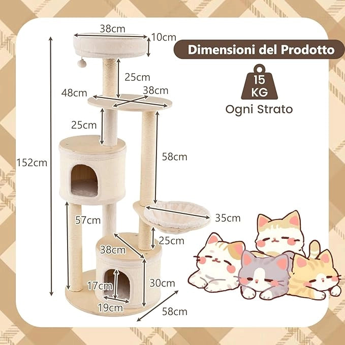 Albero per Gatti, Tiragraffi per Gattini con Tiragraffi in Sisal e Tappetino, Condomini, Piattaforma, Amaca, Giocattolo Pendente, Cuscino Lavabile e Multi-Livello, Mobili per Gatti da Interno