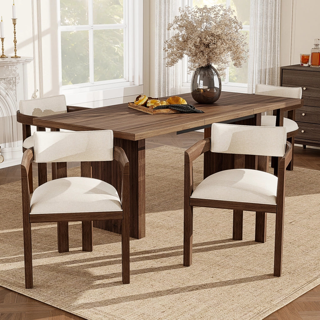Set da 6 sedie da pranzo in legno massiccio con braccioli, rivestimento in lino, colore noce