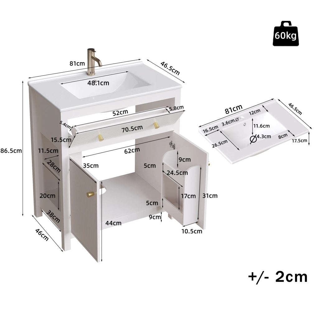 Mobile bagno con 1 anta 1 vano aperto e ribalta con chiusura ammortizzata lavabo in ceramica per bagno 81×46.5×86.5 cm