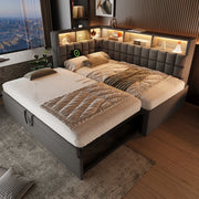 Letto imbottito 90x200 cm con letto estraibile; LED; Bluetooth; USB-A e USB-C; grigio