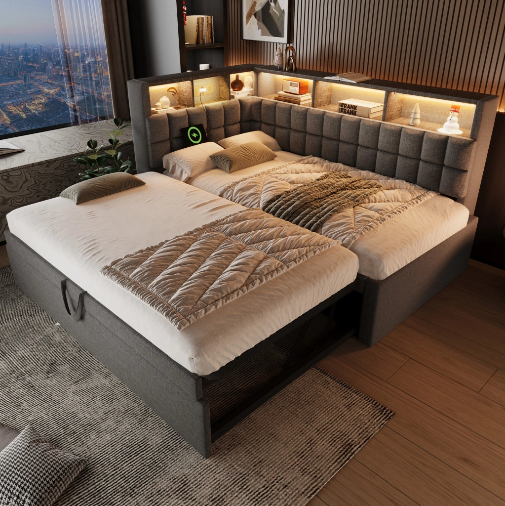 Letto imbottito 90x200 cm con letto estraibile; LED; Bluetooth; USB-A e USB-C; grigio