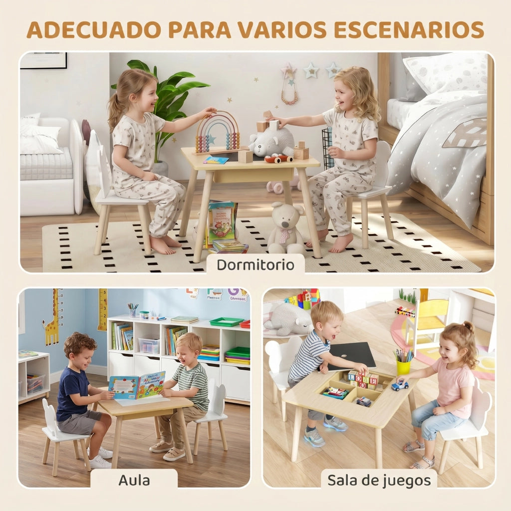Tavolo da pranzo per bambini con 2 sedie e lavagna ¨C zephmum ¨C bianco e naturale 60x60x44 cm