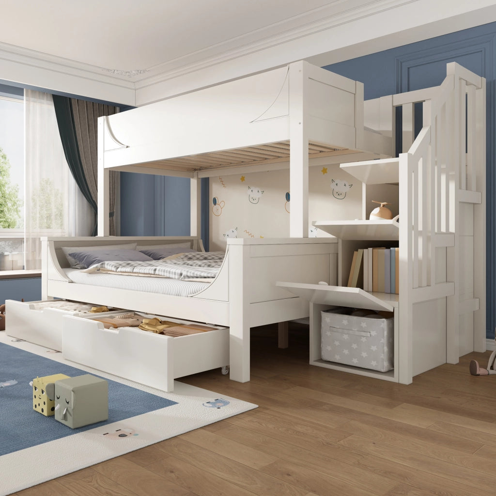 Letto a castello per bambini bianco con scala contenitore, cassetti e rete a doghe, 90x200/140x200 cm