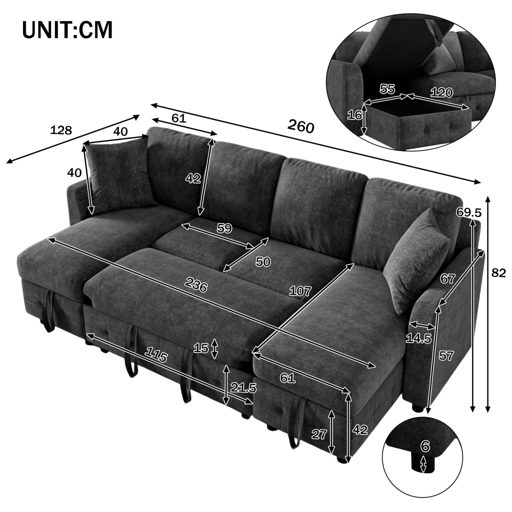 Divano letto angolare - con contenitore; USB e Type-C - in chenille grigio scuro