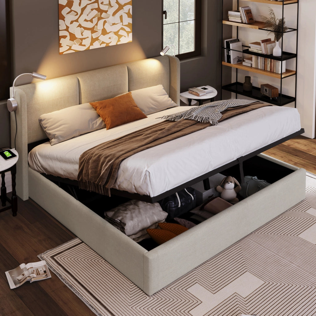 LETTO imbottito 140x200 cm in lino beige con lampada da lettura e USB