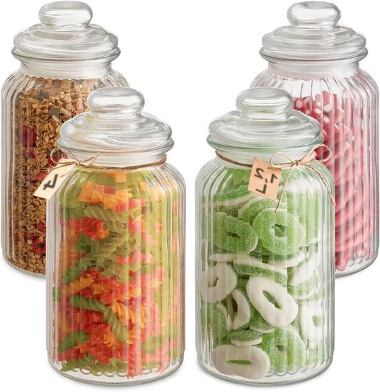 Vetrina Aria Stagnante 12L - 4 Bicchieri Vintage Grandi con Tappi e Etichette - Resistenti al Lavastoviglie - Per Biscotti e Dolci